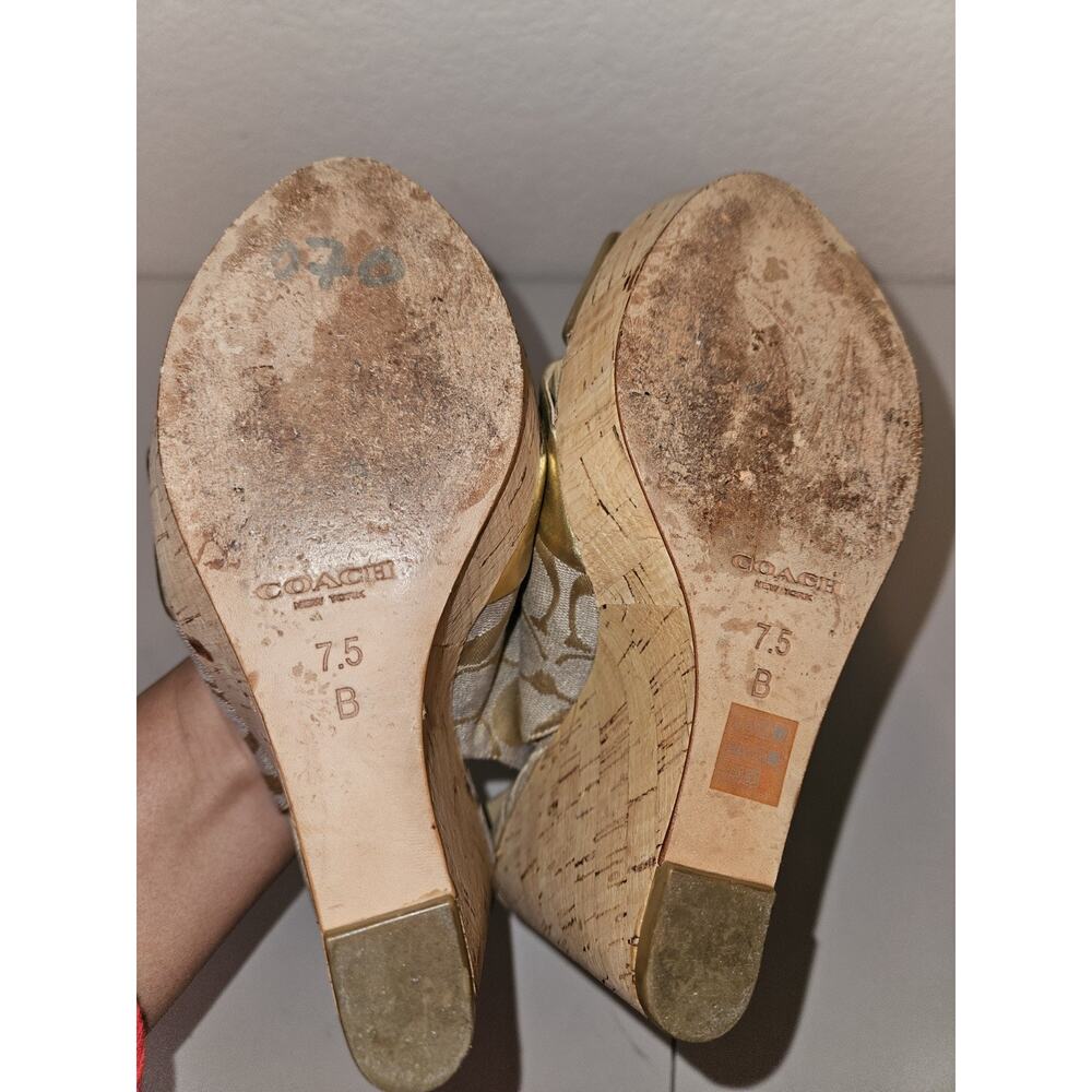 Coach Jessy Size 7.5 Gold Leather Iridescent Canvas Strappy Wedge Sandals - Picture 11 of 15